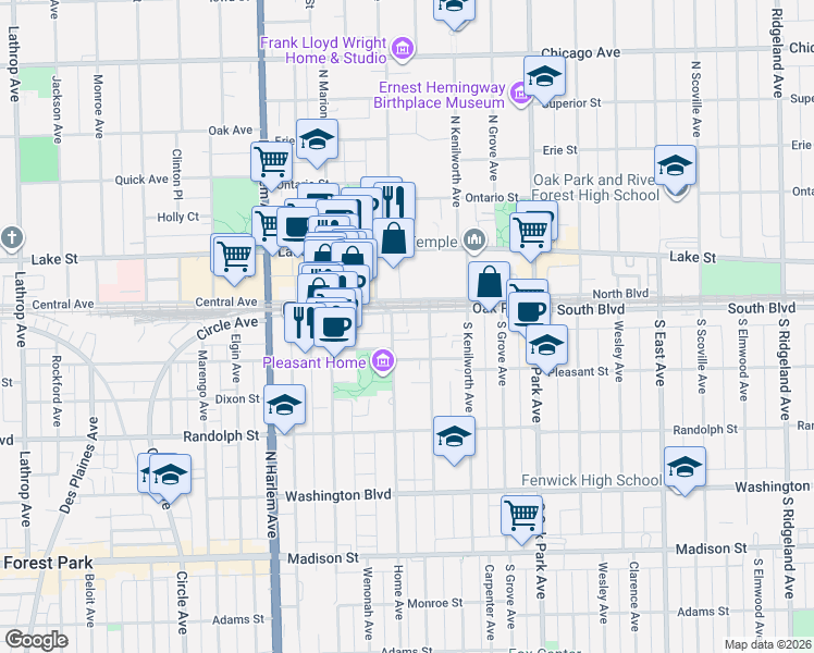 map of restaurants, bars, coffee shops, grocery stores, and more near 118 Home Avenue in Oak Park