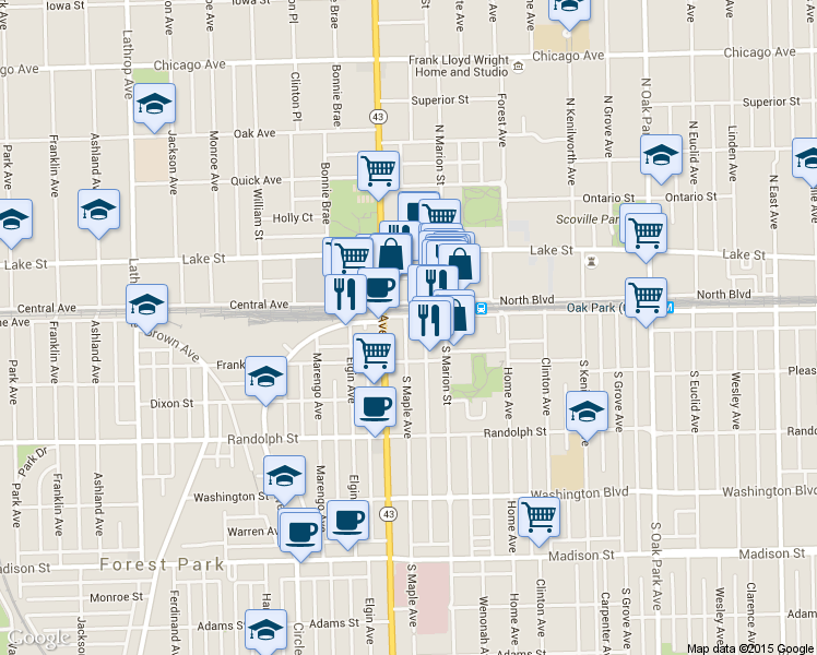 map of restaurants, bars, coffee shops, grocery stores, and more near 116 1/2 South Maple Avenue in Oak Park