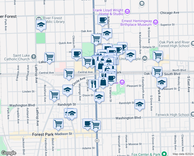 map of restaurants, bars, coffee shops, grocery stores, and more near 116 1/2 South Maple Avenue in Oak Park