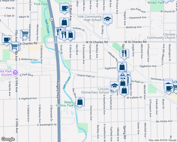 map of restaurants, bars, coffee shops, grocery stores, and more near 471 Fairview Avenue in Elmhurst