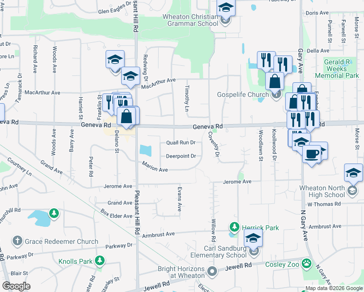 map of restaurants, bars, coffee shops, grocery stores, and more near 26W050 Deerpoint Drive in Wheaton