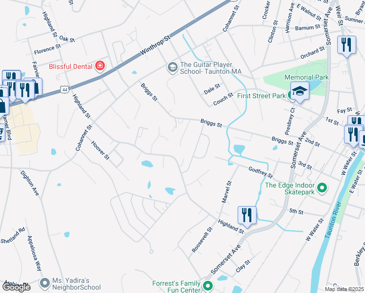 map of restaurants, bars, coffee shops, grocery stores, and more near 16 Briggs Court in Taunton