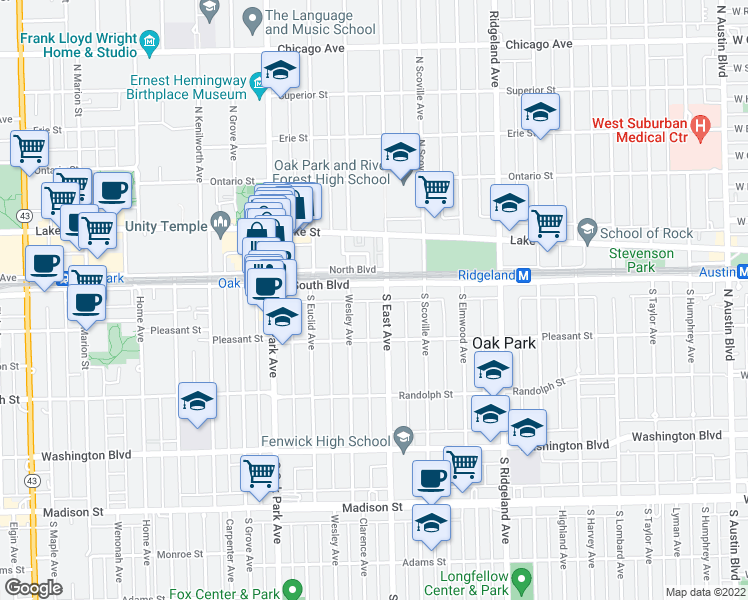 map of restaurants, bars, coffee shops, grocery stores, and more near 118 Wesley Avenue in Oak Park