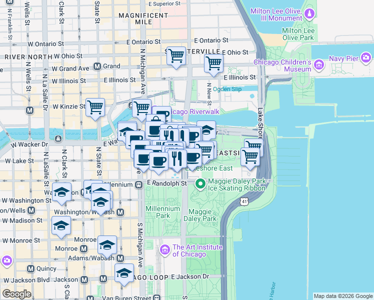 map of restaurants, bars, coffee shops, grocery stores, and more near 221 North Columbus Drive in Chicago