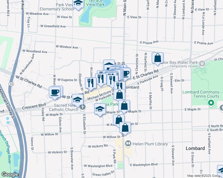 map of restaurants, bars, coffee shops, grocery stores, and more near 116 West Parkside Avenue in Lombard