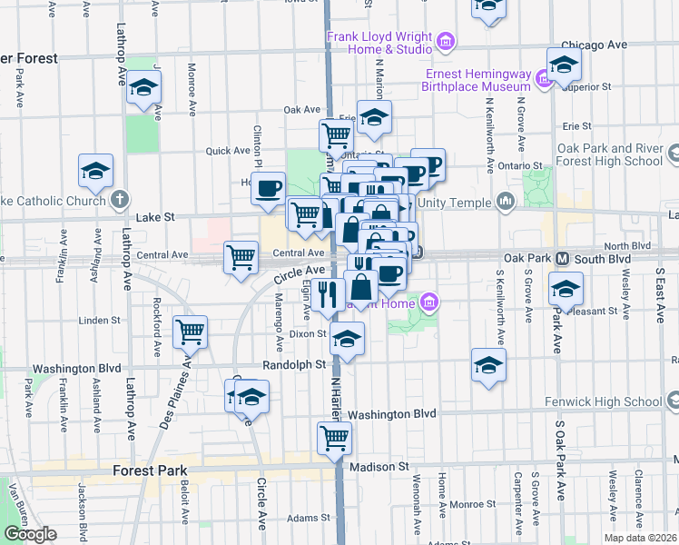 map of restaurants, bars, coffee shops, grocery stores, and more near 116 1/2 South Maple Avenue in Oak Park