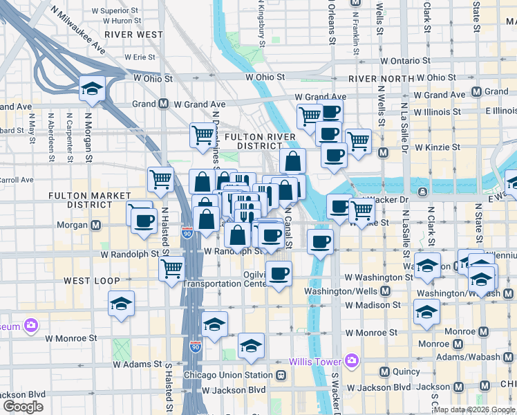 map of restaurants, bars, coffee shops, grocery stores, and more near in Chicago