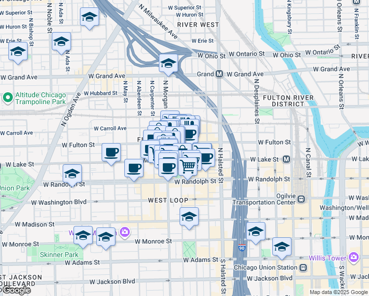 map of restaurants, bars, coffee shops, grocery stores, and more near 216 North Peoria Street in Chicago