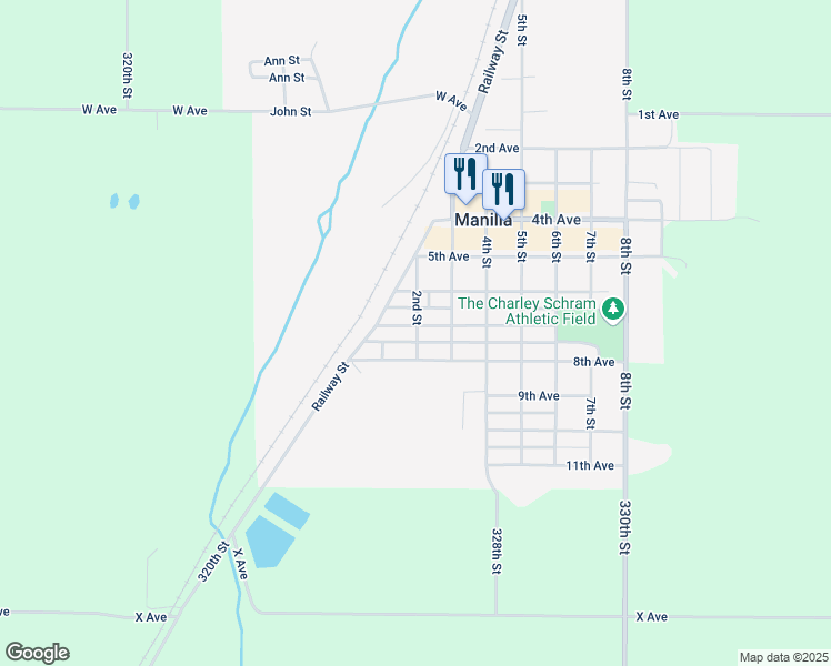 map of restaurants, bars, coffee shops, grocery stores, and more near 2nd Street in Manilla