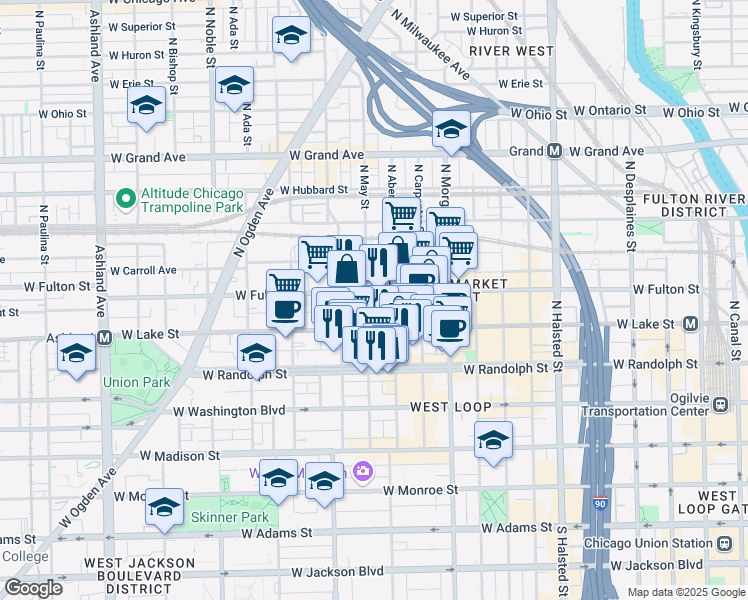 map of restaurants, bars, coffee shops, grocery stores, and more near 213 North May Street in Chicago
