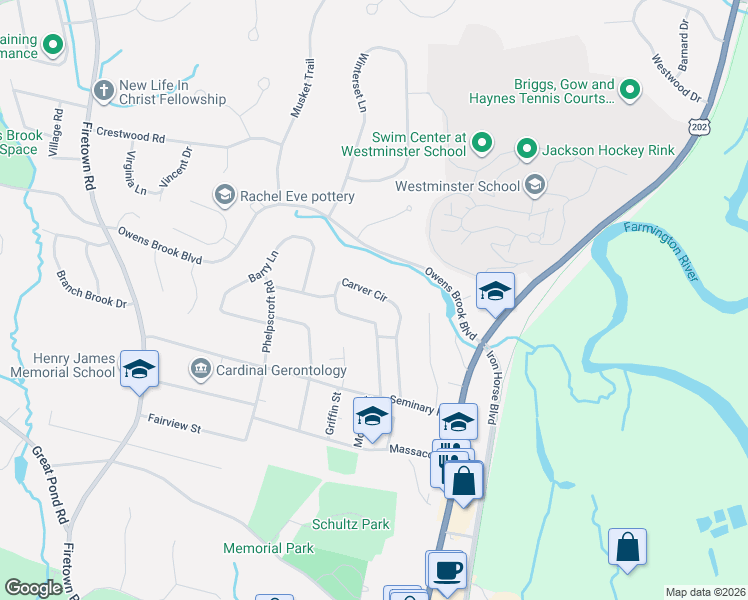 map of restaurants, bars, coffee shops, grocery stores, and more near 38 Carver Circle in Simsbury