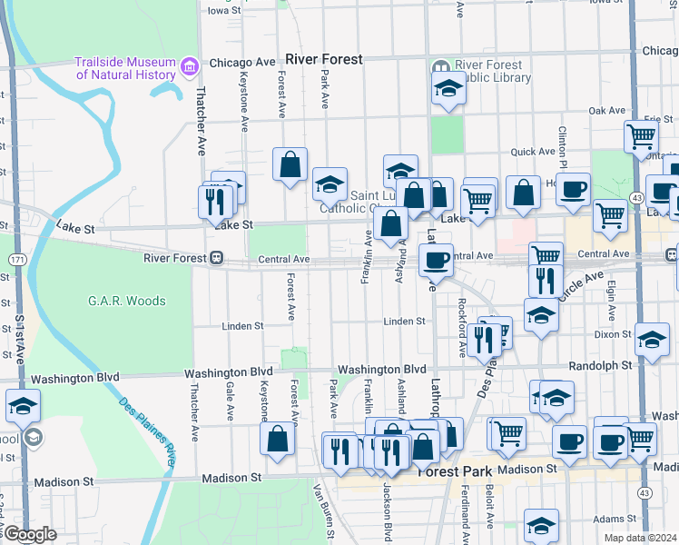 map of restaurants, bars, coffee shops, grocery stores, and more near 349 Park Avenue in River Forest