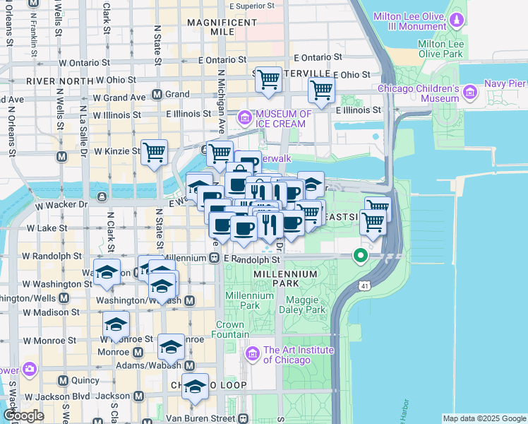 map of restaurants, bars, coffee shops, grocery stores, and more near 200 North Columbus Drive in Chicago