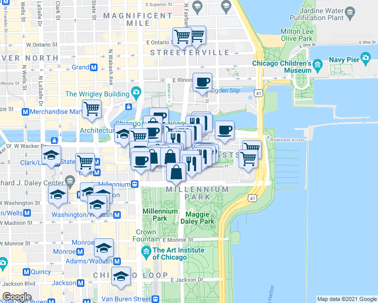 map of restaurants, bars, coffee shops, grocery stores, and more near 192 North Park Drive in Chicago