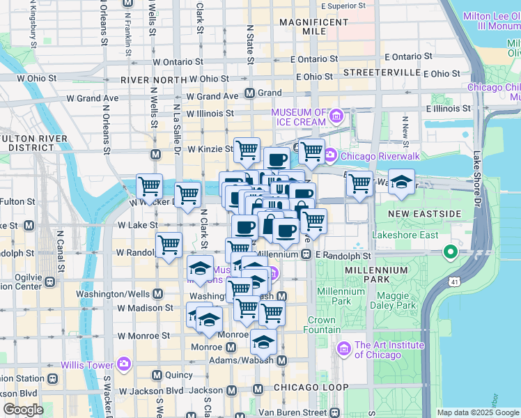 map of restaurants, bars, coffee shops, grocery stores, and more near 1 East Upper Wacker Drive in Chicago