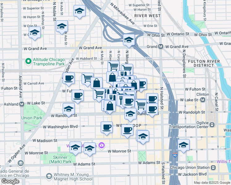 map of restaurants, bars, coffee shops, grocery stores, and more near 237 North Aberdeen Street in Chicago