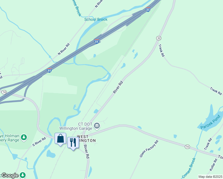 map of restaurants, bars, coffee shops, grocery stores, and more near 365 River Road in Willington