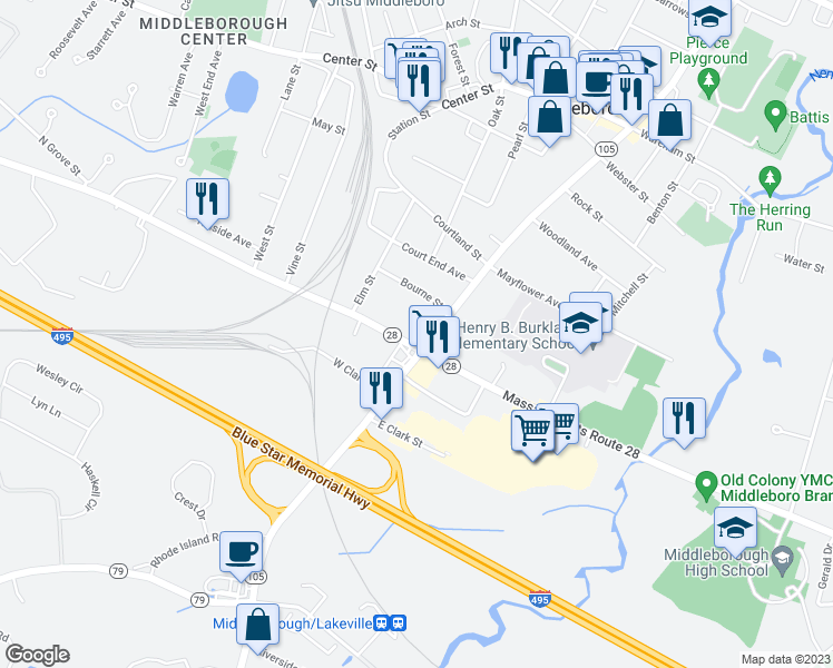 map of restaurants, bars, coffee shops, grocery stores, and more near 7 West Grove Street in Middleborough