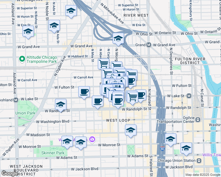 map of restaurants, bars, coffee shops, grocery stores, and more near in Chicago