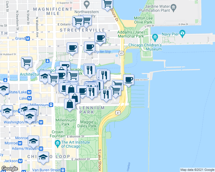 map of restaurants, bars, coffee shops, grocery stores, and more near East South Water Street & N Westshore Dr in Chicago