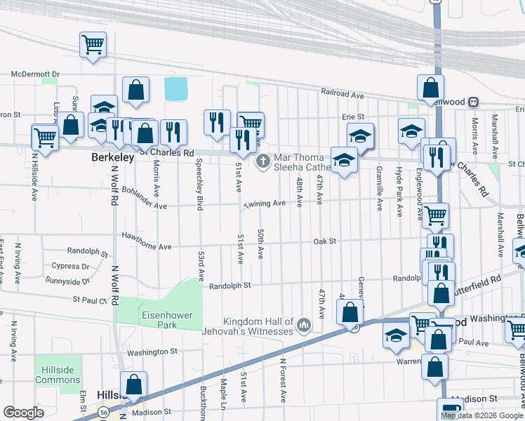 map of restaurants, bars, coffee shops, grocery stores, and more near 319 50th Avenue in Bellwood