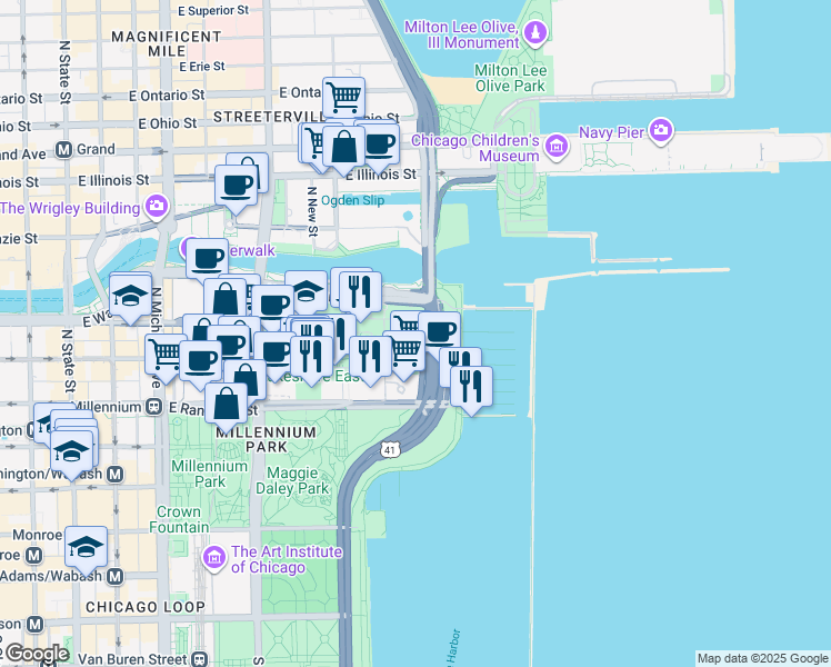 map of restaurants, bars, coffee shops, grocery stores, and more near 195 North Harbor Service Drive in Chicago