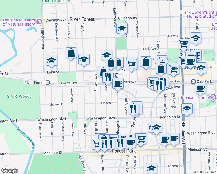 map of restaurants, bars, coffee shops, grocery stores, and more near 349 Ashland Avenue in River Forest