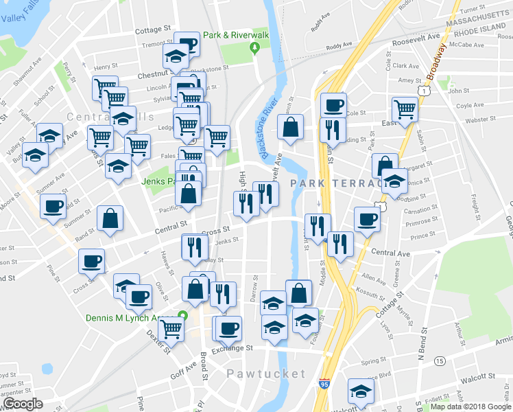 map of restaurants, bars, coffee shops, grocery stores, and more near 34 Central Street in Central Falls