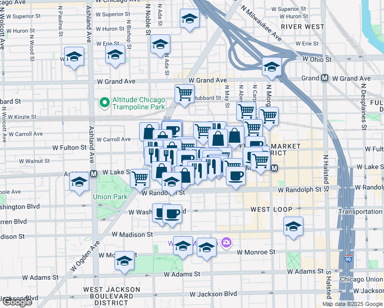 map of restaurants, bars, coffee shops, grocery stores, and more near 225 North Elizabeth Street in Chicago