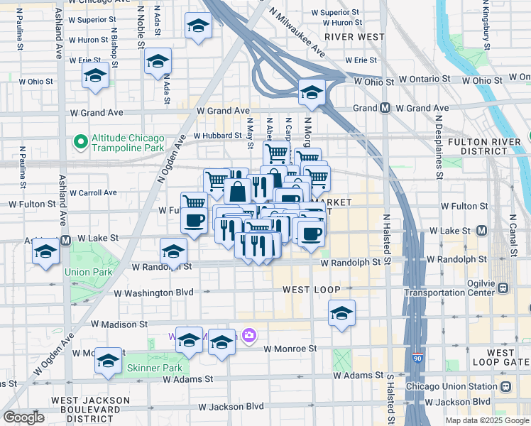 map of restaurants, bars, coffee shops, grocery stores, and more near 213 North May Street in Chicago