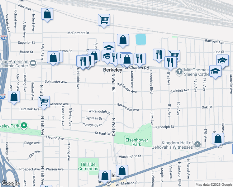 map of restaurants, bars, coffee shops, grocery stores, and more near 1541 North Wolf Road in Berkeley