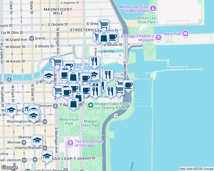 map of restaurants, bars, coffee shops, grocery stores, and more near 400 East South Water Street in Chicago