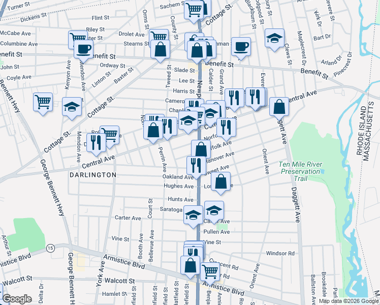 map of restaurants, bars, coffee shops, grocery stores, and more near 19 Short Street in Pawtucket