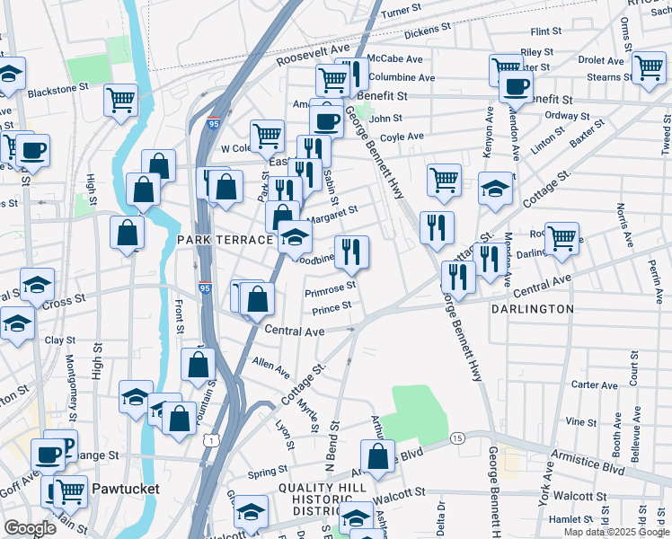 map of restaurants, bars, coffee shops, grocery stores, and more near 193 Carnation Street in Pawtucket