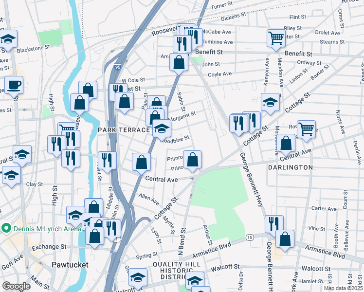 map of restaurants, bars, coffee shops, grocery stores, and more near 193 Carnation Street in Pawtucket
