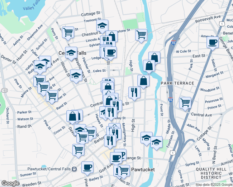 map of restaurants, bars, coffee shops, grocery stores, and more near 151 Central Street in Central Falls