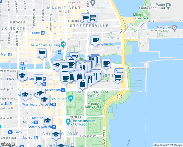 map of restaurants, bars, coffee shops, grocery stores, and more near 192 North Park Drive in Chicago