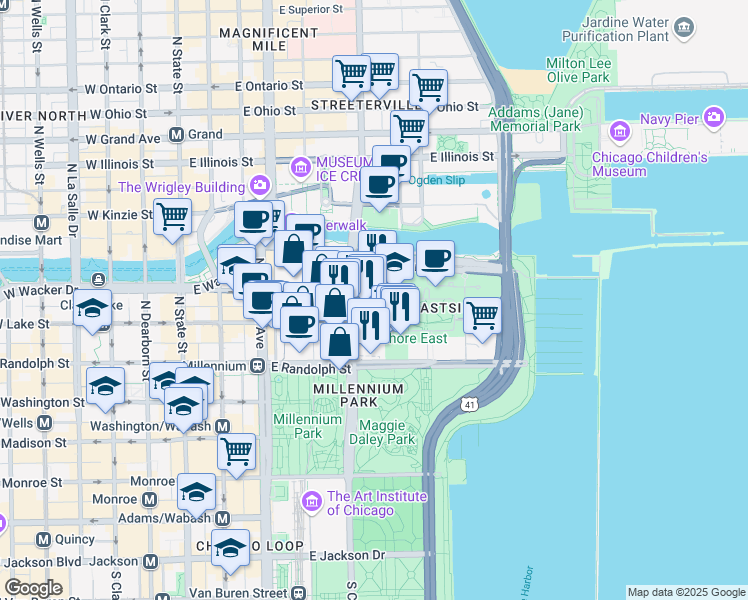 map of restaurants, bars, coffee shops, grocery stores, and more near 192 North Park Drive in Chicago