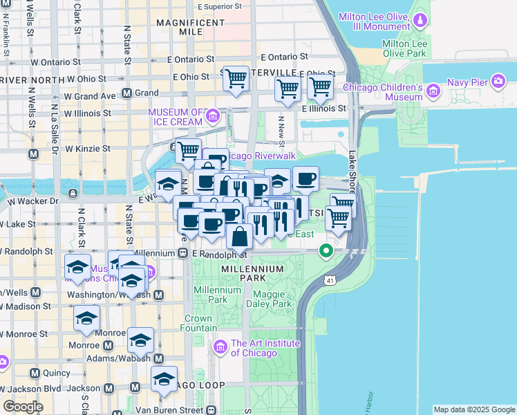 map of restaurants, bars, coffee shops, grocery stores, and more near 192 North Park Drive in Chicago