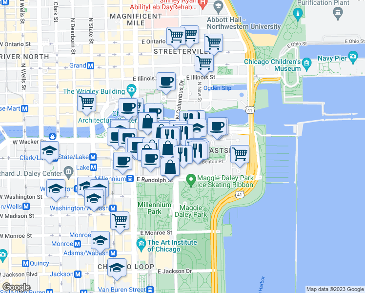 map of restaurants, bars, coffee shops, grocery stores, and more near 192 North Park Drive in Chicago