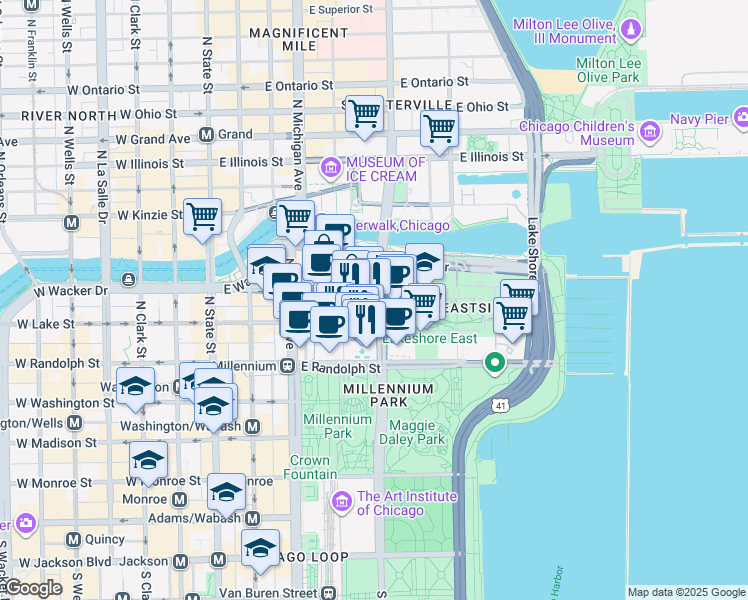 map of restaurants, bars, coffee shops, grocery stores, and more near 200 North Columbus Drive in Chicago