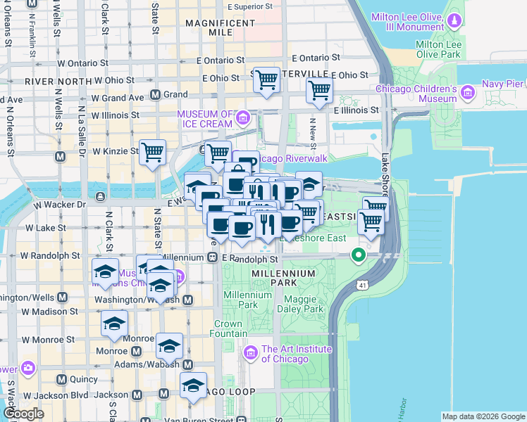 map of restaurants, bars, coffee shops, grocery stores, and more near 200 North Columbus Drive in Chicago