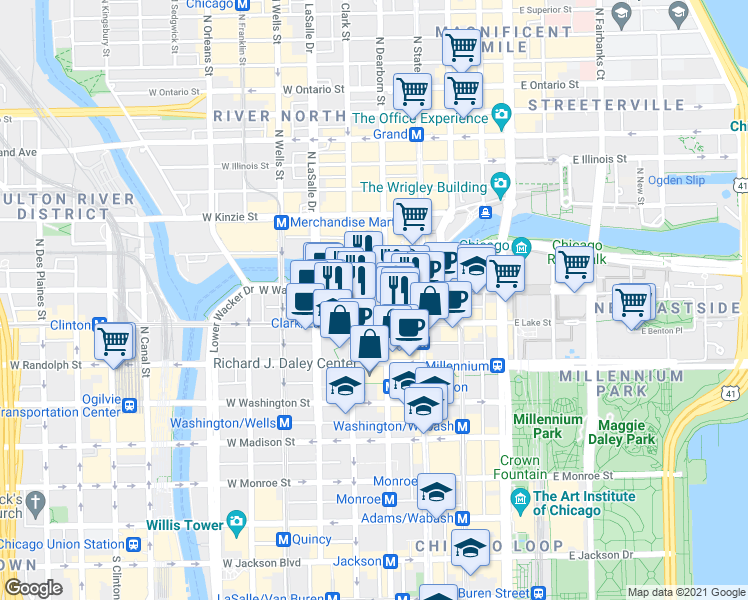 map of restaurants, bars, coffee shops, grocery stores, and more near in Chicago