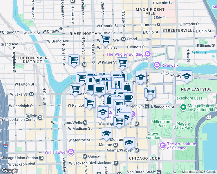 map of restaurants, bars, coffee shops, grocery stores, and more near 55 West Wacker Drive in Chicago