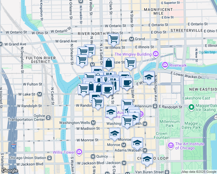 map of restaurants, bars, coffee shops, grocery stores, and more near 201 North Clark Street in Chicago