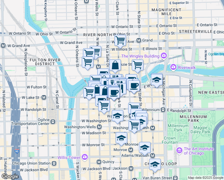 map of restaurants, bars, coffee shops, grocery stores, and more near 222 North Clark Street in Chicago