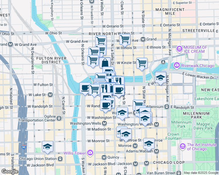 map of restaurants, bars, coffee shops, grocery stores, and more near 200 North LaSalle Drive in Chicago
