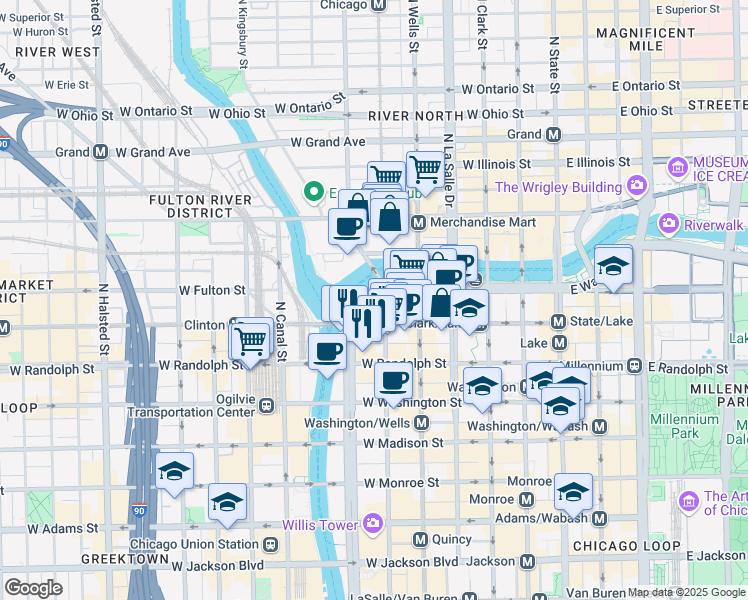 map of restaurants, bars, coffee shops, grocery stores, and more near 333 West Wacker Drive in Chicago