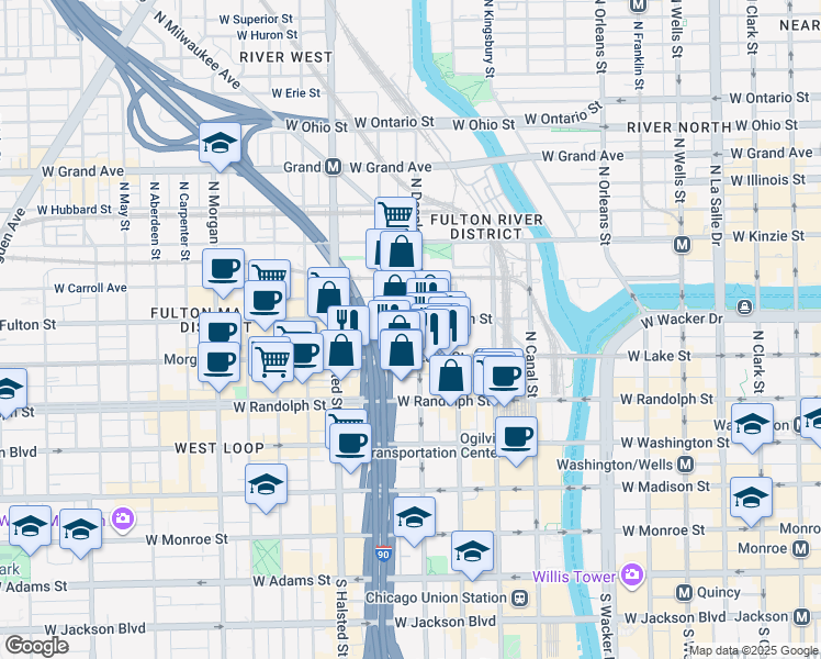 map of restaurants, bars, coffee shops, grocery stores, and more near 650 West Lake Street in Chicago
