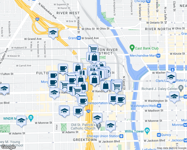 map of restaurants, bars, coffee shops, grocery stores, and more near 650 West Lake Street in Chicago
